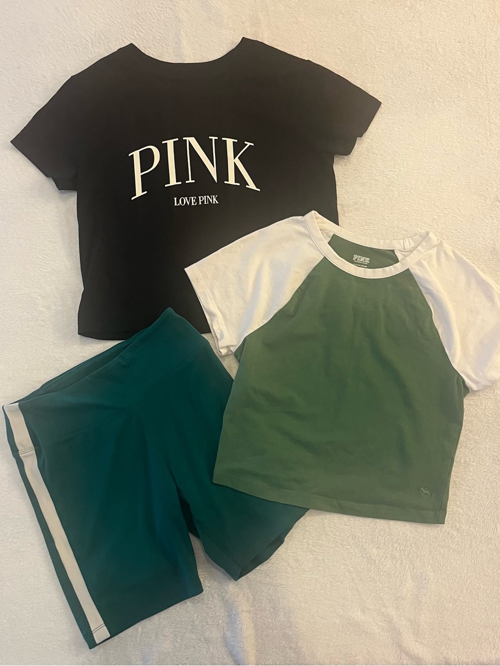 PINK Victoria's Secret Black Graphic Tee w/ Green Raglan & Green Bermuda Short